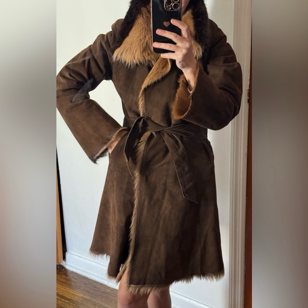 Gerard Darel Brown Suede Goat Skin Shearling Toscana Coat